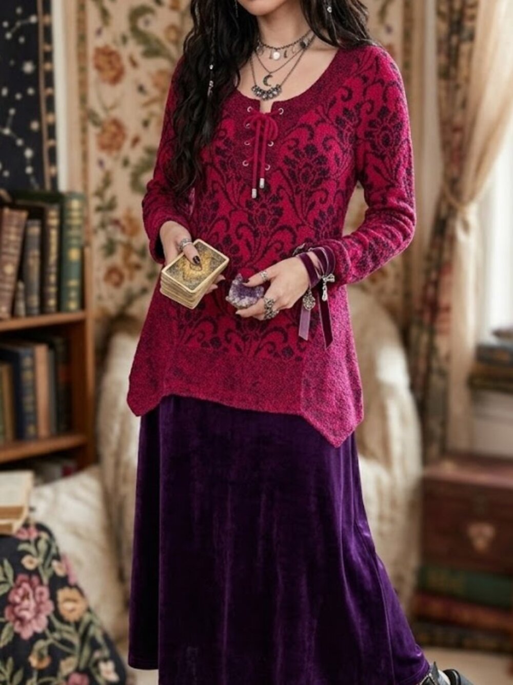 : One World Vintage Y2K Whimsigoth Damask Boucle Knit Lace-Up Top | Size Small